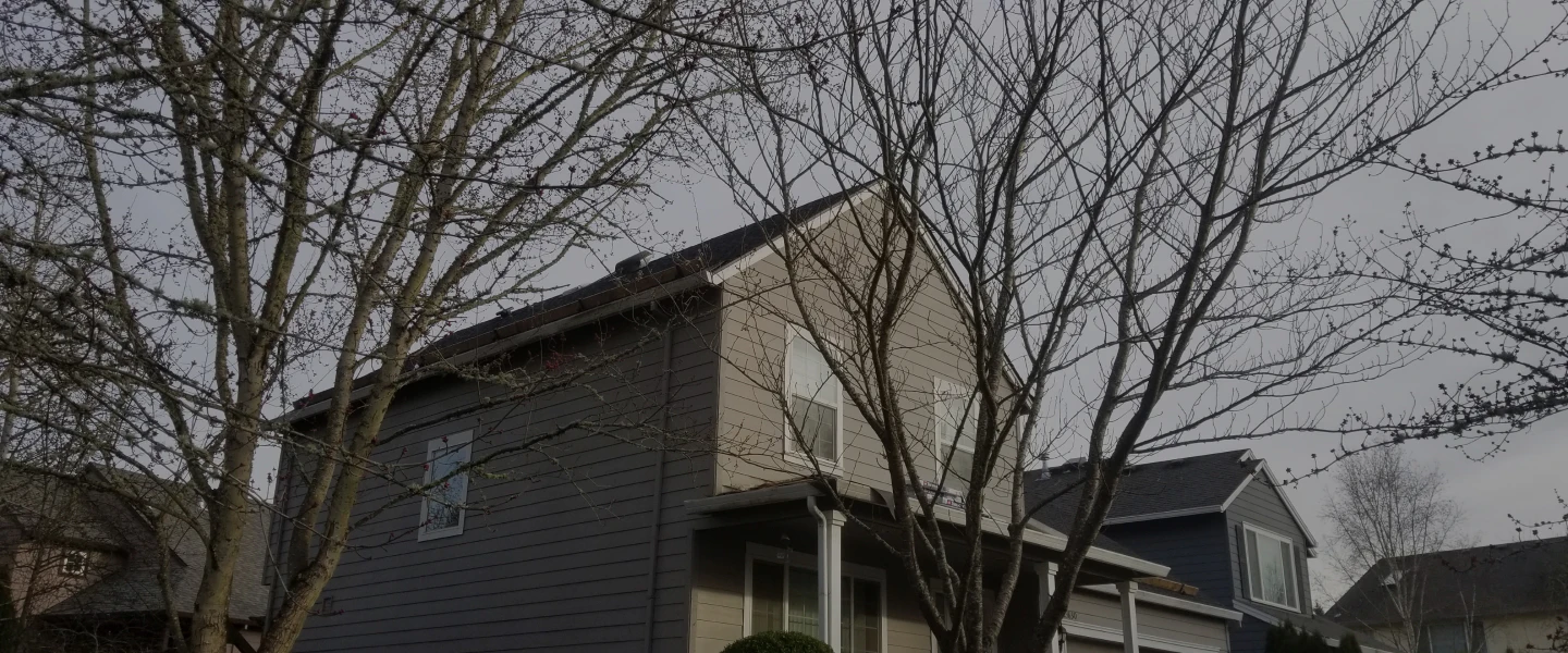 grey house with dark navy blue roofing